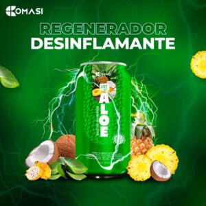 Imagen de bebida gasificada con aloe vera, pitahaya amarilla, piña y coco, endulzada con estevia y fibra de yacón. Bebida antioxidante natural